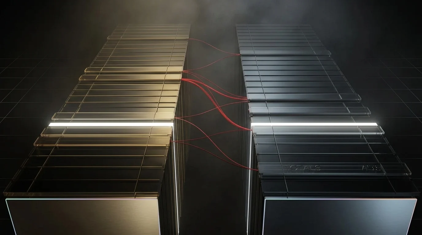 Two ruled glass ledger columns receding, paired rows tied by red filaments